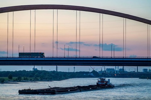 The Bridge of Solidarity, the longest tied-arch bridge in Germany, over the Rhine from