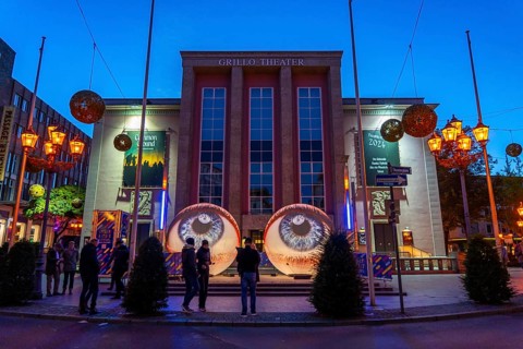 Essen Light Festival, in the city centre, artwork Oculus by the Italian artist H:E:M, 2 giant