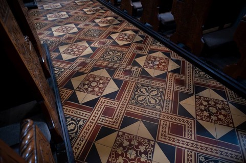 Interior view, floor mosaic, mosaic floor, parish church, parish church of St. Nicholas, Merano,