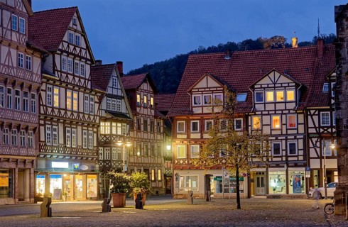 The Lange Straße and church square in the old town of Hannoversch Münden with historic