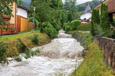Small stream in a residential area with a strong current, surrounded by green trees and houses,