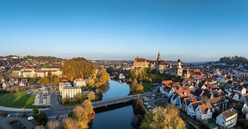 Aerial view, panorama of the town of Sigmaringen with the Hohenzollern castle, a sight and tourist