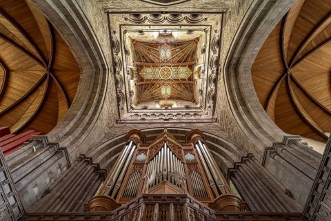 Organ and church ceiling of St Davids Cathedral, Wales, Great Britain