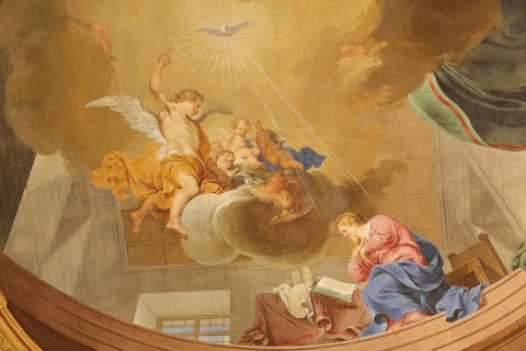 Ceiling fresco Annunciation of the Lord to Mary by Januarius Zick 1783, Rococo, angel, rays of