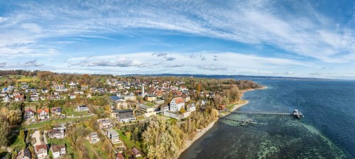 Aerial view, panorama of the municipality of Gaienhofen on the south side of the Höri peninsula