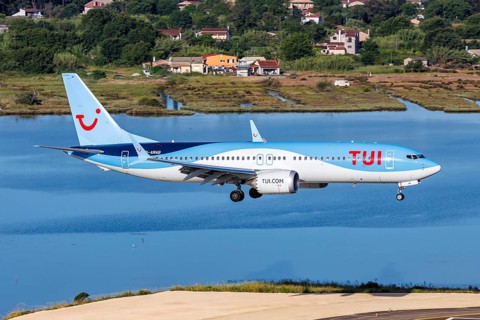 A Boeing 737-8 MAX aircraft of TUI with the registration D-AMAB at the airport in Corfu, Greece,