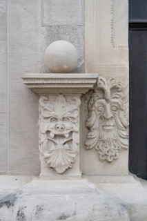 Two grotesques on the crown stone of the entrance portal of the Knaufmuseum, Iphofen, Lower