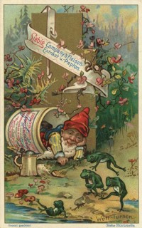 Picture series In the world of dwarfs, frog gymnastics competition, Liebig picture, digitally