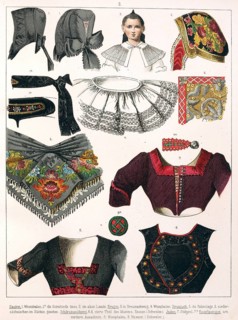 Traditional costumes in Germany around 1820, various clothing details, traditional garments with