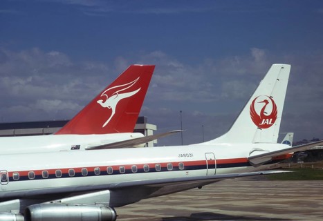 Tail fins of Quantas and Japan Airlines aircraft JAL8031 Douglas DC 8 60/70 in 1974