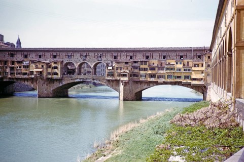 Famous bridge of the Ponte Vecchio, river Arno, Florence, Tuscany, Italy 1957