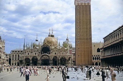 St Mark's Square, Piazza san Marco, Venice, Italy, Europe 1956 colourised image from Ektachrome
