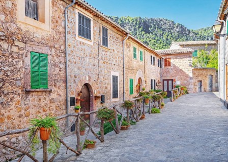 Historic district cobblestone street, Valldemossa, Mallorca, Balearic Islands, Spain, Europe