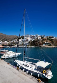 Sailing boat in the harbour of Agia Galini, south coast, Crete, Greece, Europe