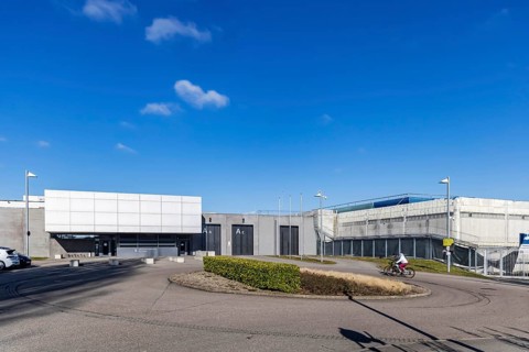 Stammheim prison, JVA. Exterior view of the gate and security gates. Stuttgart, Baden-Württemberg,