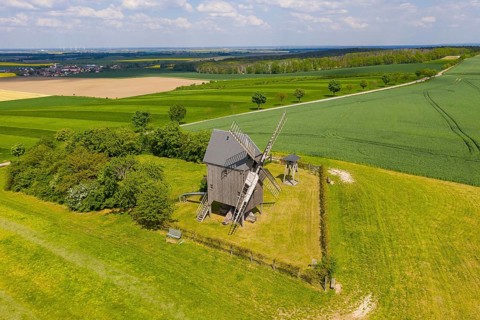 Aerial view of Liebschützberg with buck windmill, in the background the district of Laas, district