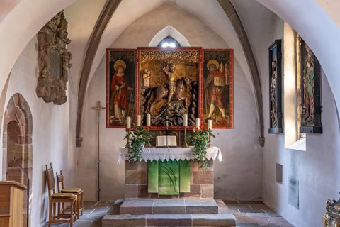 Altar of the fortified church of St George in Kraftshof, Nuremberg, Bavaria, Germany, Europe