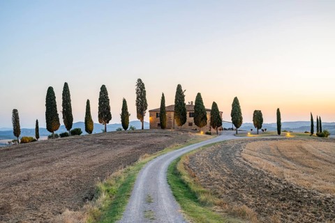 Tuscany landscape with cypresses and farmstead at sunrise, dawn, 'Podere Cipressini', San Quirico
