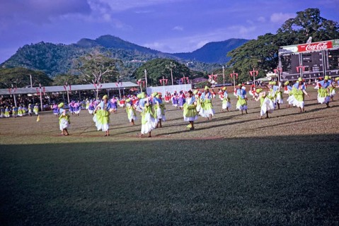 Colourful young female dancers, Port of Spain, Trinidad c 1962 independence pageant