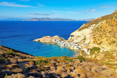 Firopotamos village, high angle view, Firopotamos, Milos Island, Cyclades Islands, Greece, Europe
