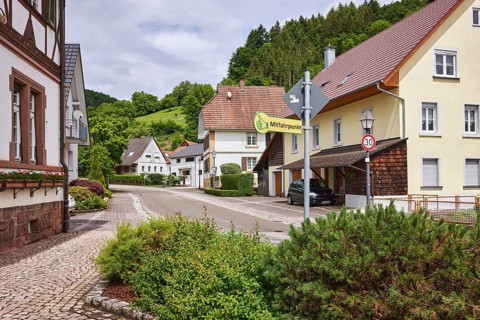 Carpooling point, multi-family houses, hilly landscape with coniferous forest, overcast sky with