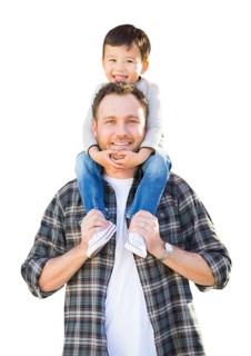 Happy Mixed-race father and son riding piggyback isolated on a white background