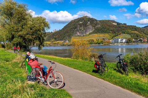 Cycle path on the Drachenfels, a mountain in the Siebengebirge on the Rhine between Bad Honnef and