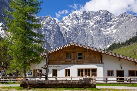 Restaurant Rasthütte on the Eng-Alm in spring, Eng-Alm, Karwendel Mountains, Tyrol, Austria, Europe
