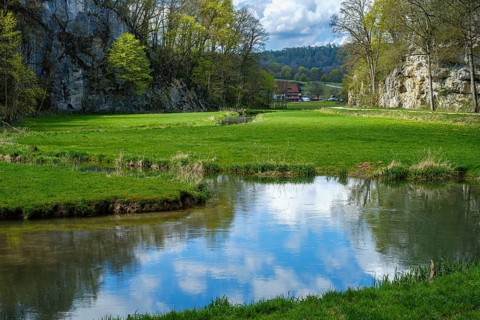 Picturesque valley of the Große Lauter in spring, near Unterwilzingen, Swabian Alb,