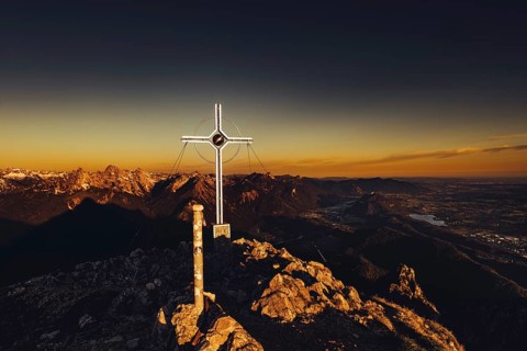 Summit cross, sunrise hiking tour on the Säuling in the Allgäu in Bavaria, Germany, Europe
