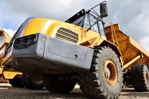 Articulated dumpers, dump trucks on a construction site, Denmark, Europe
