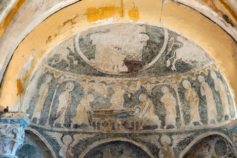 Aubazat. Wall paintings of the Romanesque style in Saint-Barthélemy chapel located in Peyrusse,