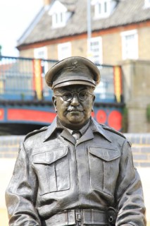 Captain Mainwaring, actor Arthur Lowe, sculpture, Thetford, Norfolk, England, UK by Sean