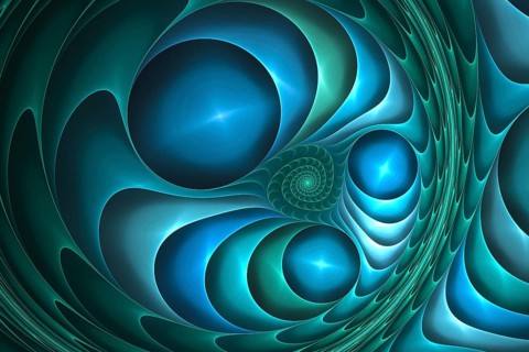 Digital abstract blue and green spiral fractal background on the black