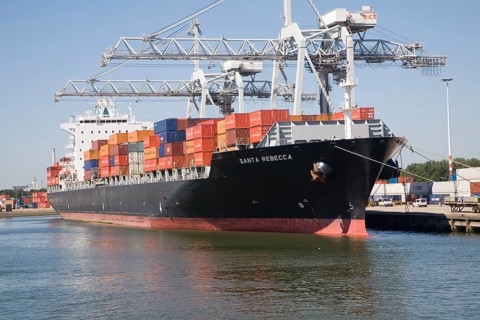 Container ship 'Santa Rebecca' and cranes, Port of Rotterdam, Netherlands