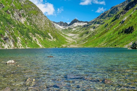 Dorfer See in the background the Kalser Tauern, mountain lake, blue sky, Dorfertal, Hohe Tauern