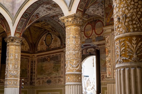 The courtyard of Palazzo Vecchio, Florence, wall paintings, UNESCO World Heritage Site, Tuscany,