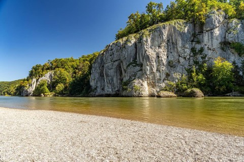 Danube beach at the Weltenburger Enge, Danube gorge near Weltenburg, Bavaria, Germany, Europe