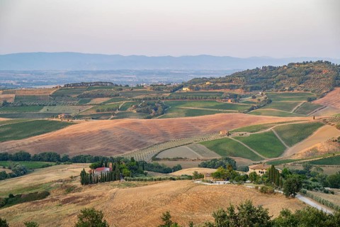 Hilly landscape in Tuscany, view from the upper city wall of Montepulciano, Tuscany, Italy, Europe