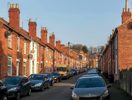 Victorian terraced housing with no front gardens, Grafton Street, inner city of Lincoln,