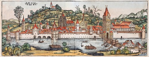 Medieval town view, general view of Ulm or Ulma, Danube, old coloured woodcut, Latin edition, from: