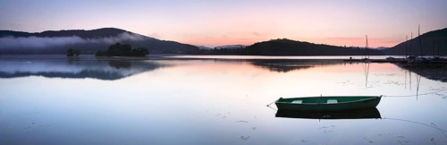 Morning atmosphere with fog over the lake, rowing boats, sailing boats, Edersee, Edertalsperre,