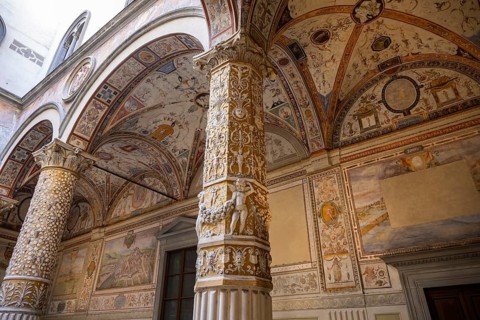 The courtyard of Palazzo Vecchio, Florence, wall paintings, UNESCO World Heritage Site, Tuscany,