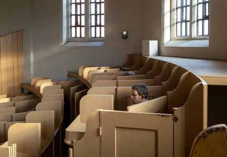 Mannequin models of prisoners in prison chapel Victorian jail museum, Lincoln Castle, city of