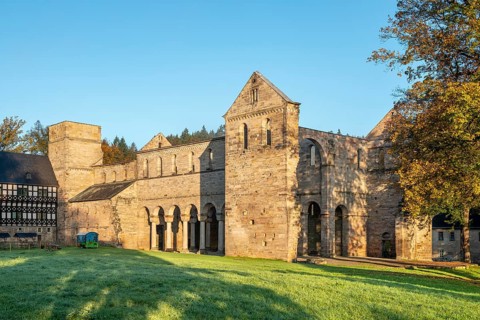 Ruins of the Paulinzella monastery church in the morning light, Paulinzella, Thuringia, Germany,