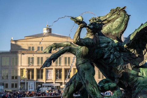 Mendebrunnen fountain in front of the Leipzig Opera on Augustusplatz, Leipzig, Saxony, Germany,