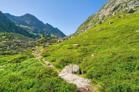 Hike to Lake Dorfer See with the Kalser Tauern in the background, mountain lake, blue sky,