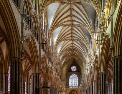Vaulted nave ceiling roof of medieval Lincoln cathedral interior, city of Lincoln, Lincolnshire,
