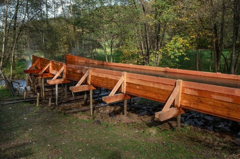 Newly built wooden channel for a stream to drive a waterwheel, Egloffstein, Upper Franconia,