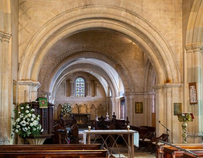 Norman chancel architecture inside church of Saint John the Baptist, Devizes, Wiltshire, England,